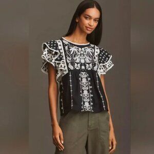 FARM Rio Anthropologie Black/White Flutter Sleeve Printed Boho Top Small NWT
